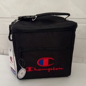 Champion Black Insulated Lunch Bag with Red & Blue Logo Shoulder Strap